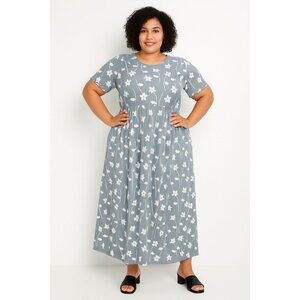 Beyond This Plane Womens Plus Sz 1X Rounded Neckline Maxi Dress Blue-Grey Floral